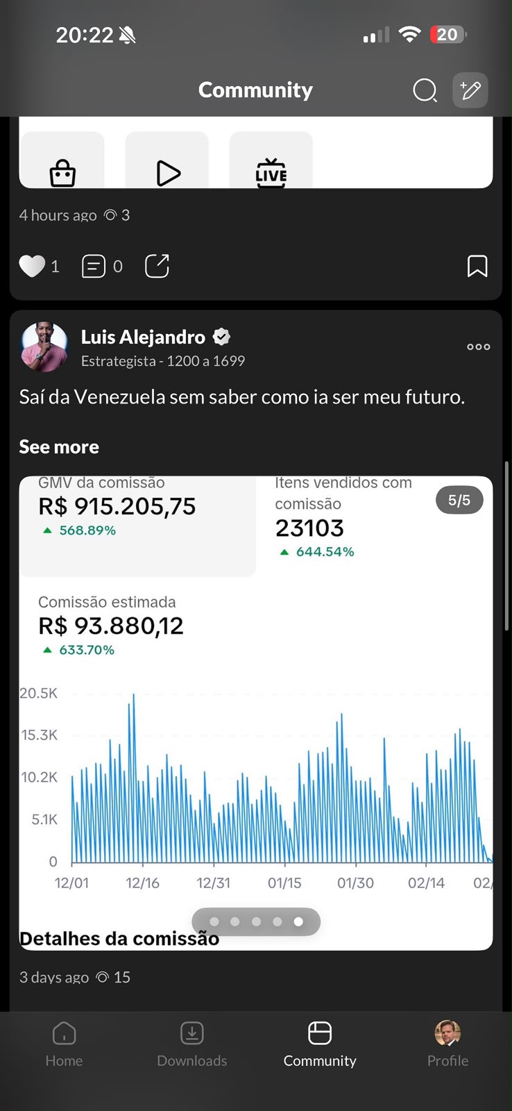 Post da comunidade: Luis Alejandro com painel de R$ 915.205,75 em GMV da comissão e 23.103 itens vendidos